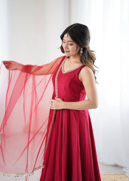 Red Roman silk Chanderi Anarkali gown with heavy flare