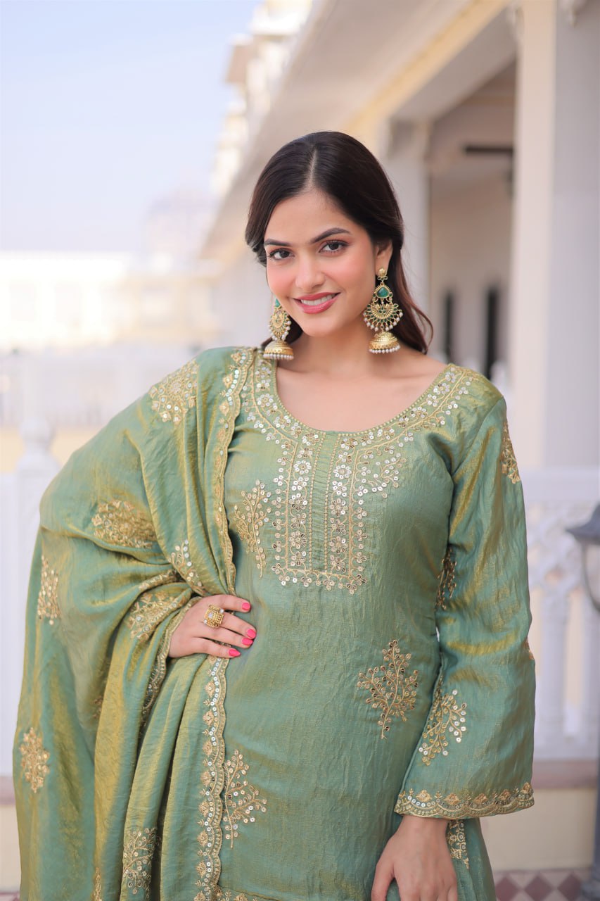 Green dupatta with zari work and cutwork lace border sharara set