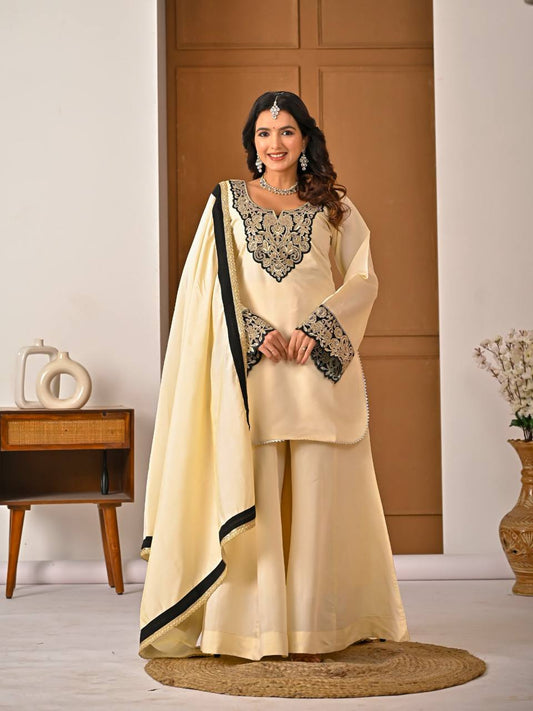 Roman silk embroidered sharara suit front view with dupatta