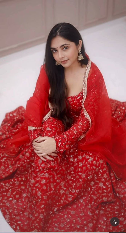 Royal Bloom red embroidered georgette Anarkali suit with dupatta and pant