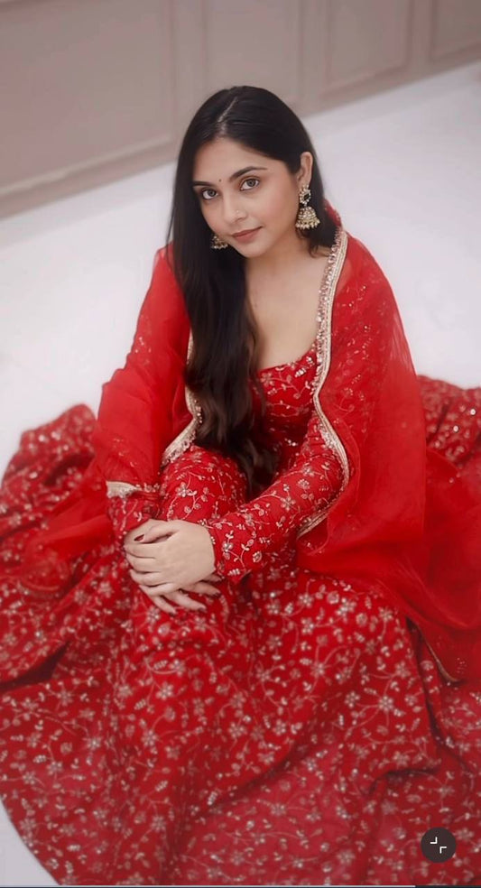 Royal Bloom red embroidered georgette Anarkali suit with dupatta and pant