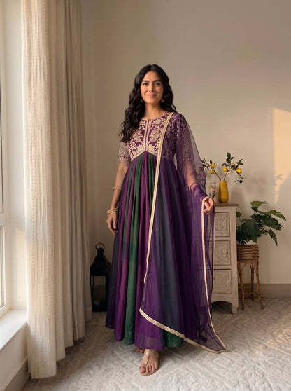 Royal purple and green designer embroidered gown front view