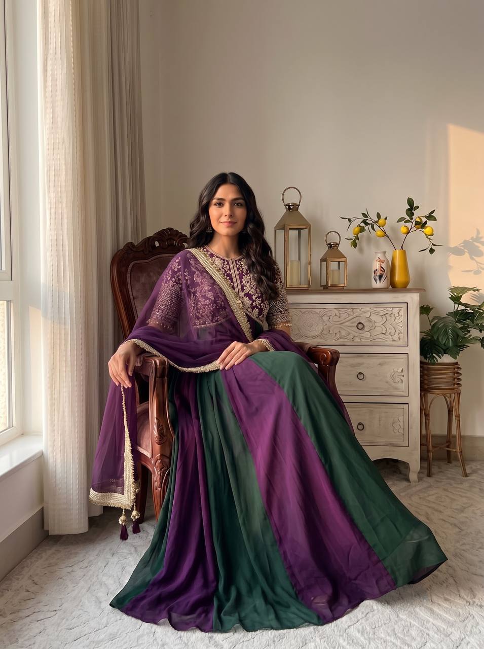 Royal purple and green designer gown with lace bordered dupatta