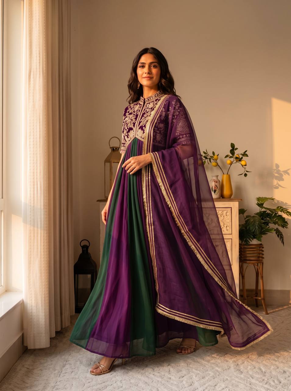 Royal purple and green gown with detailed embroidery and bead work