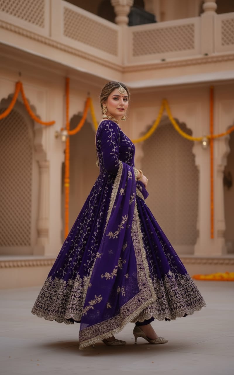 Royal purple heavy embroidered designer Anarkali suit
