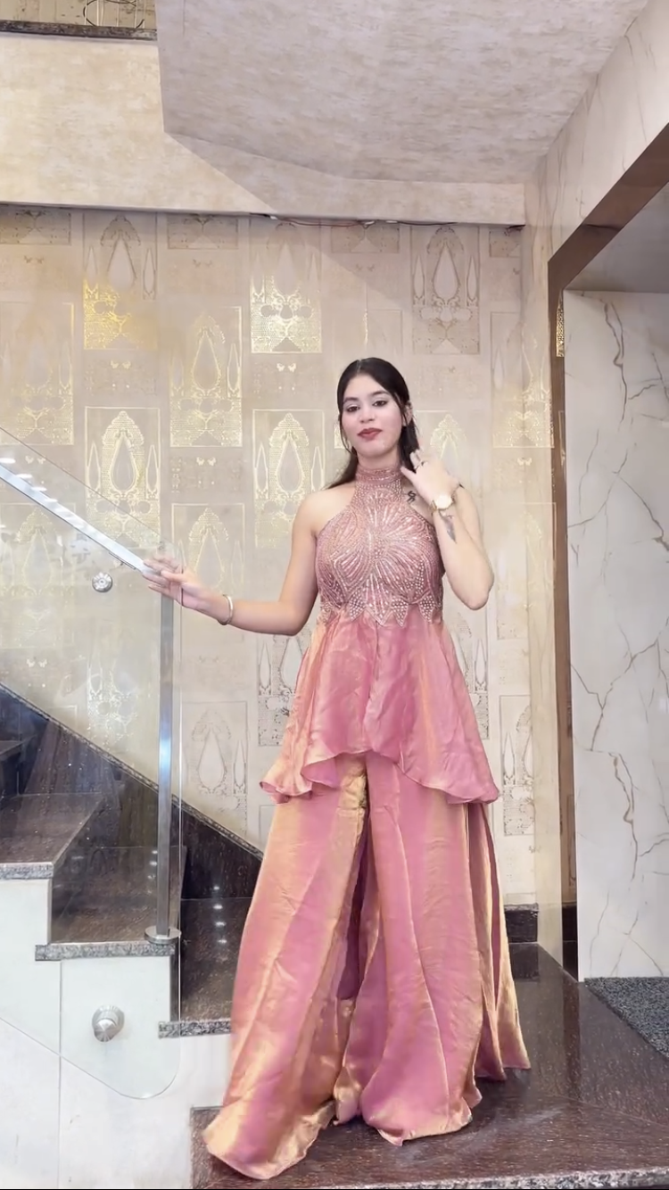 Rust halter neck sharara set for women front view party wear outfit