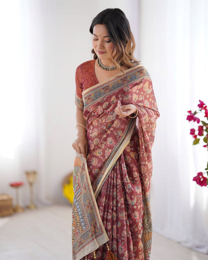 Stylish Rust Maroon Kalamkari Printed Saree with Traditional Ethnic Border Design