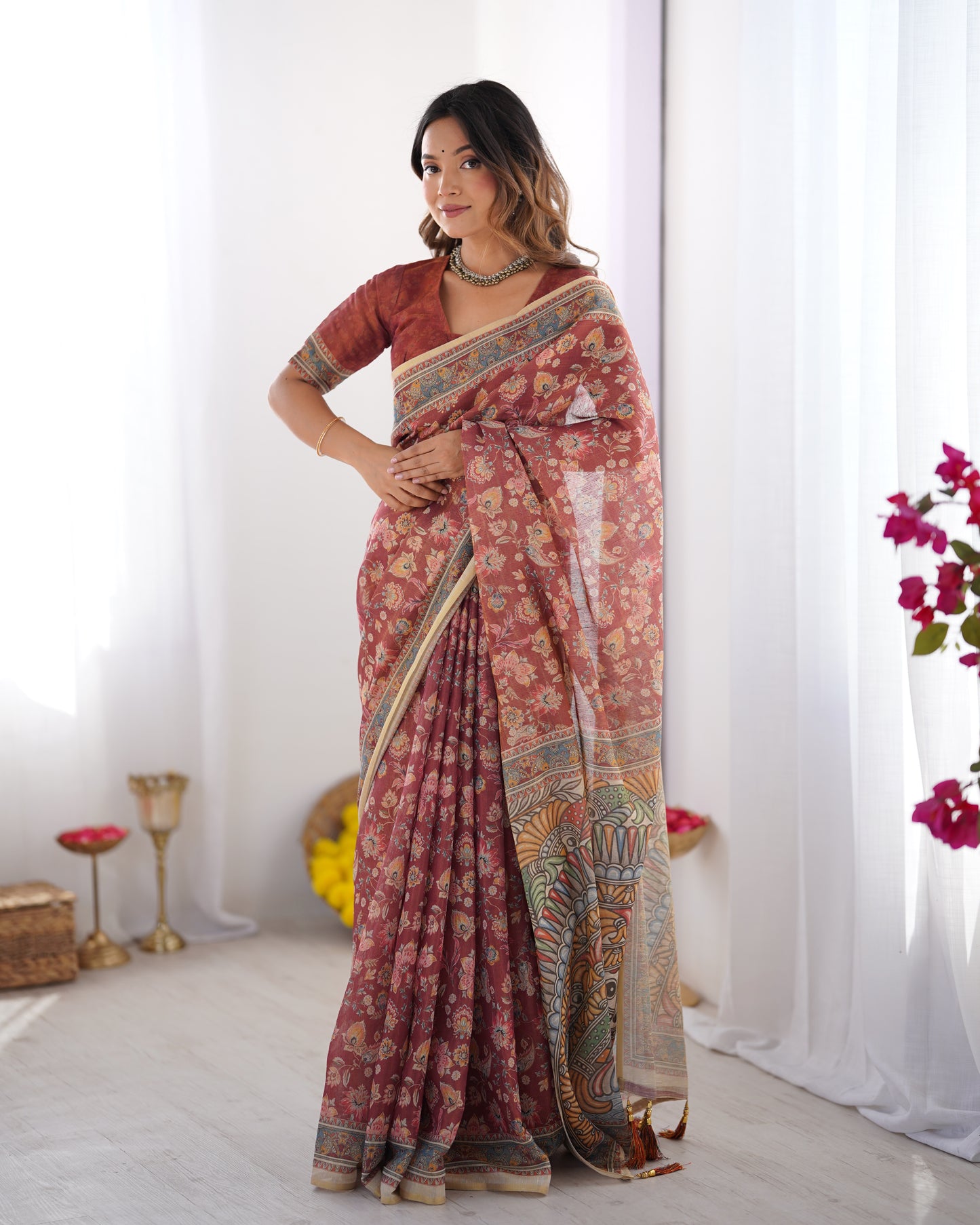Rust Maroon Handloom Cotton Saree with Floral Print and Designer Kalamkari Border for Women