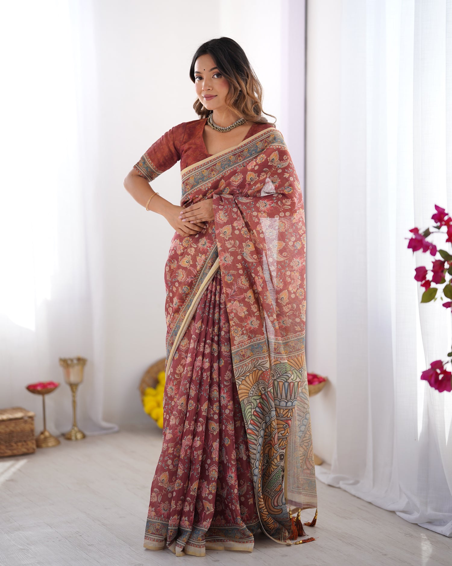 Rust Maroon Handloom Cotton Saree with Floral Print and Designer Kalamkari Border for Women