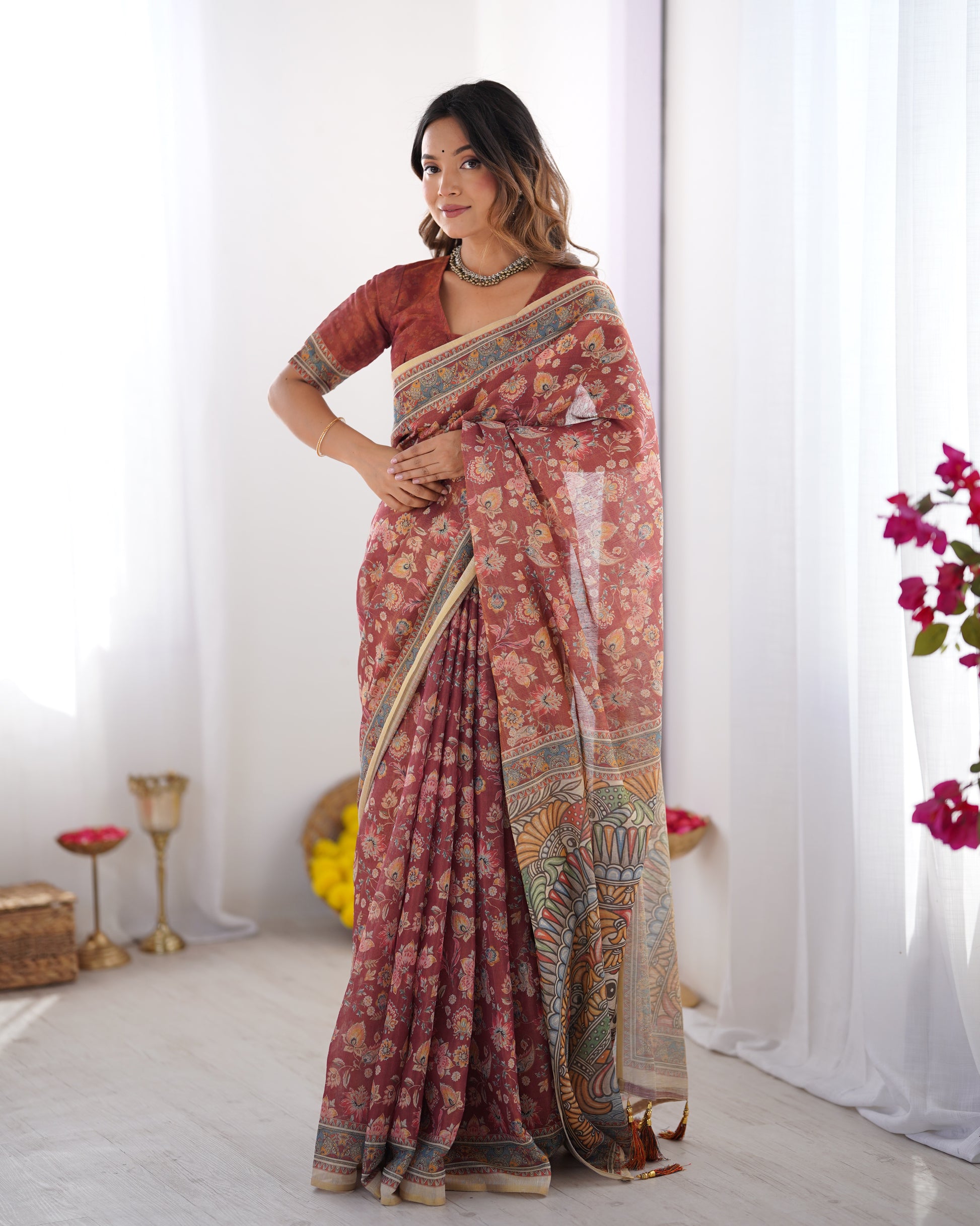 Rust Maroon Handloom Cotton Saree with Floral Print and Designer Kalamkari Border for Women