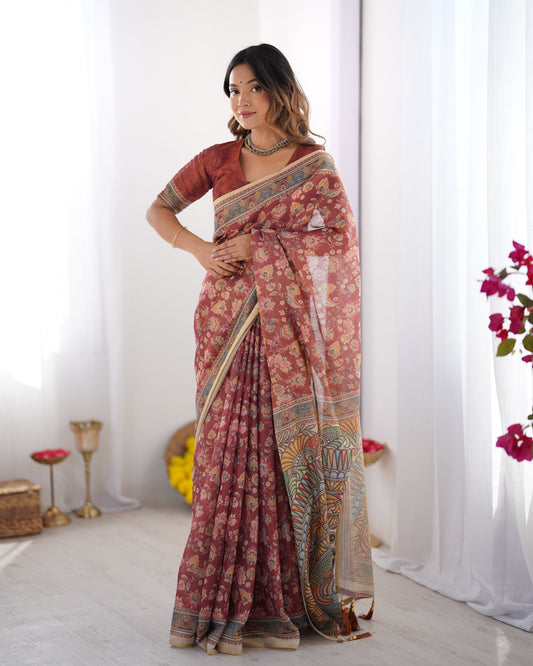 Rust Maroon Handloom Cotton Saree with Floral Print and Designer Kalamkari Border for Women
