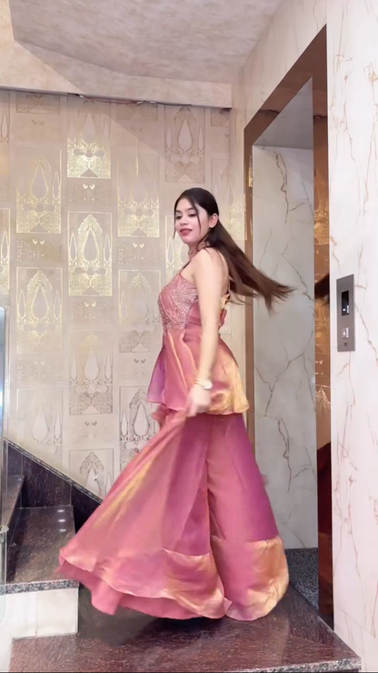 Rust party wear palazzo sharara set back view for women