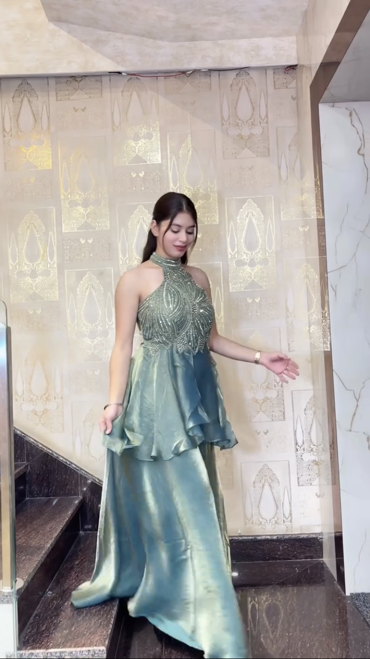 Sea green halter neck embroidered top closeup with sharara set