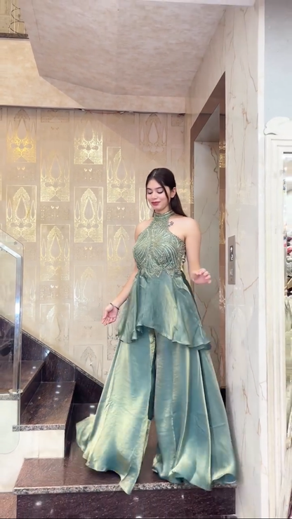 Sea green party wear palazzo sharara set back view for women