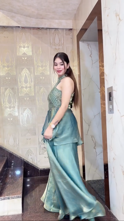 Sea green wedding wear sharara set model pose stylish women outfit