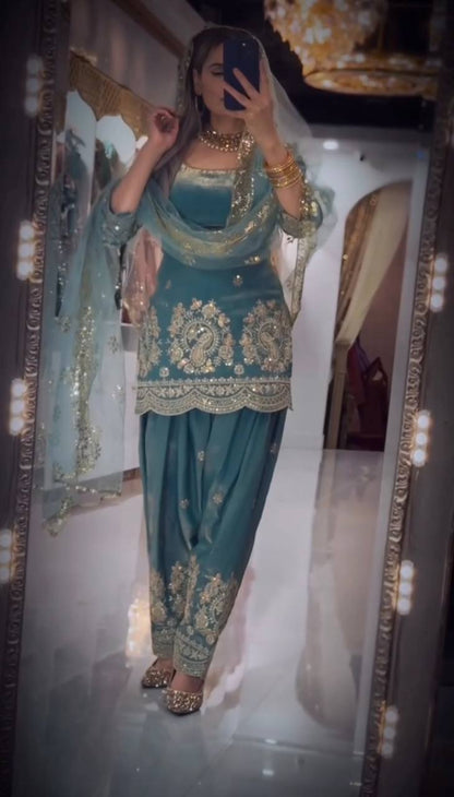 Trendy sky blue ethnic salwar suit set for women with dupatta and embroidery