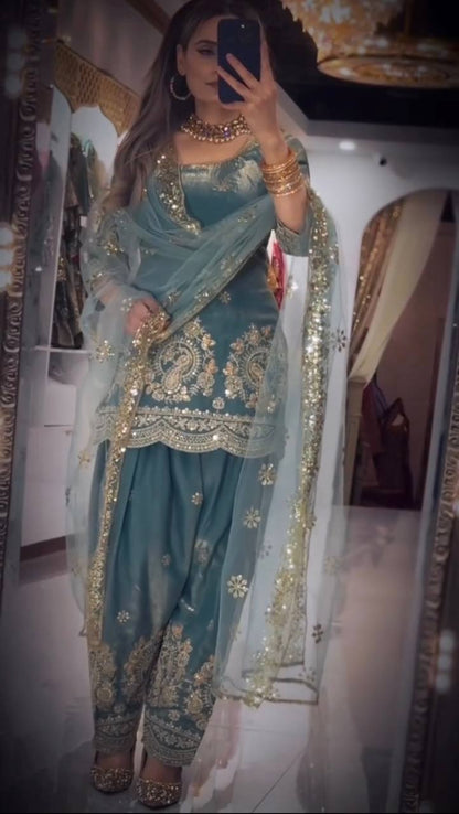 Sky blue farshi salwar suit with embroidery and dupatta for festive and party wear