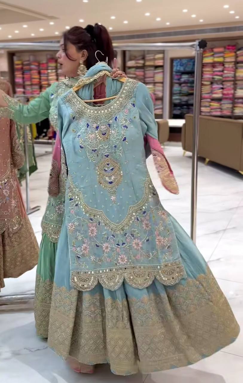 Close up embroidery detail of mint sky sharara suit with mirror and sequence work
