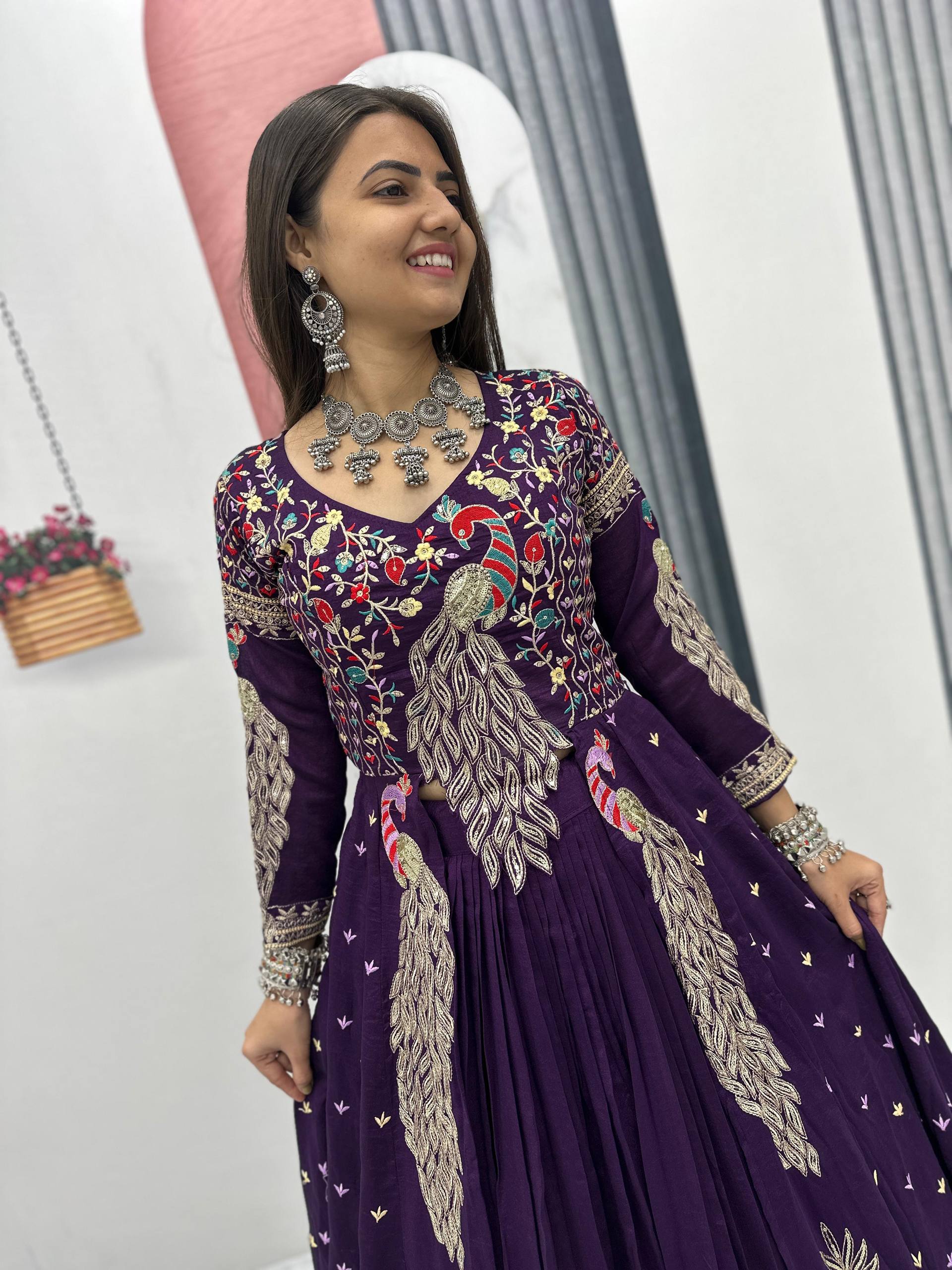 Traditional Vichitra lehenga choli side view with elegant embroidery design