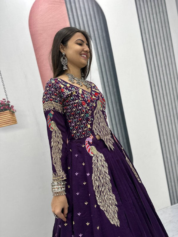Close-up of heavy thread and sequence embroidery work on Vichitra choli