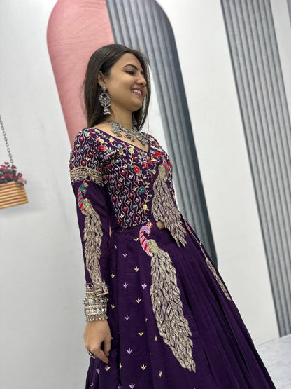 Close-up of heavy thread and sequence embroidery work on Vichitra choli