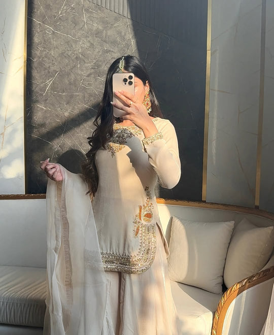 Cream Straight Kurta Set with Hand Embroidery & Dupatta | Festive Collection