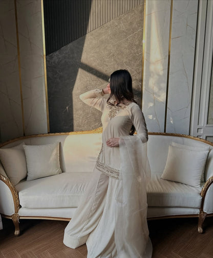 Cream Straight Kurta Set with Hand Embroidery & Dupatta | Festive Collection