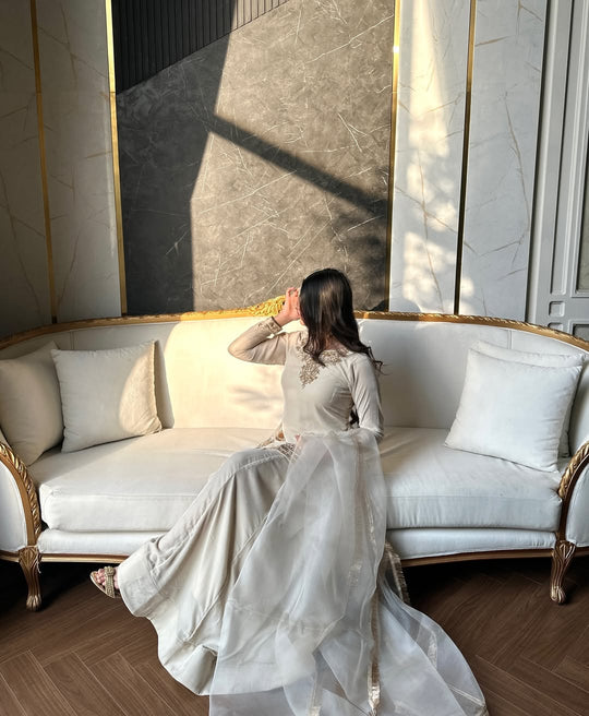 Cream Straight Kurta Set with Hand Embroidery & Dupatta | Festive Collection