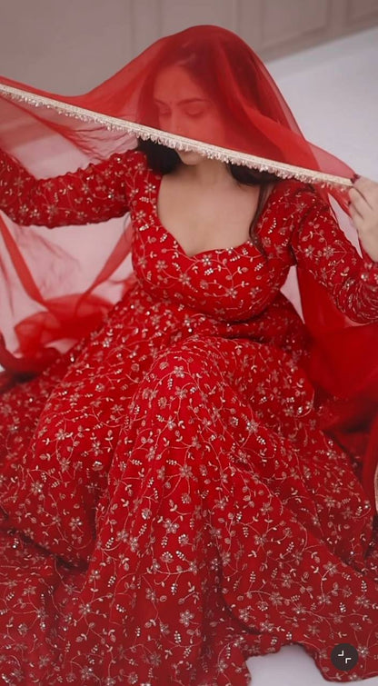 Wedding wear red georgette Anarkali suit with full flair and canvas patta