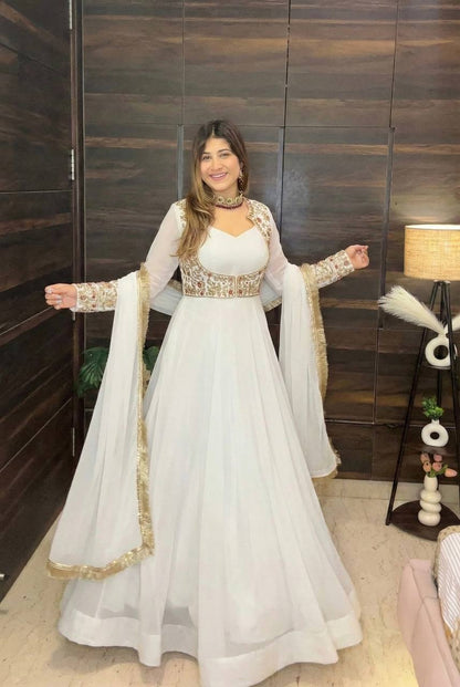 White Anarkali gown with jacket for elegant ethnic look
