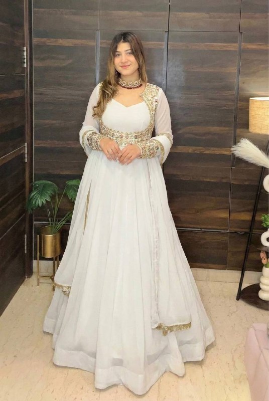 Designer white Anarkali gown with jacket for women festive wear