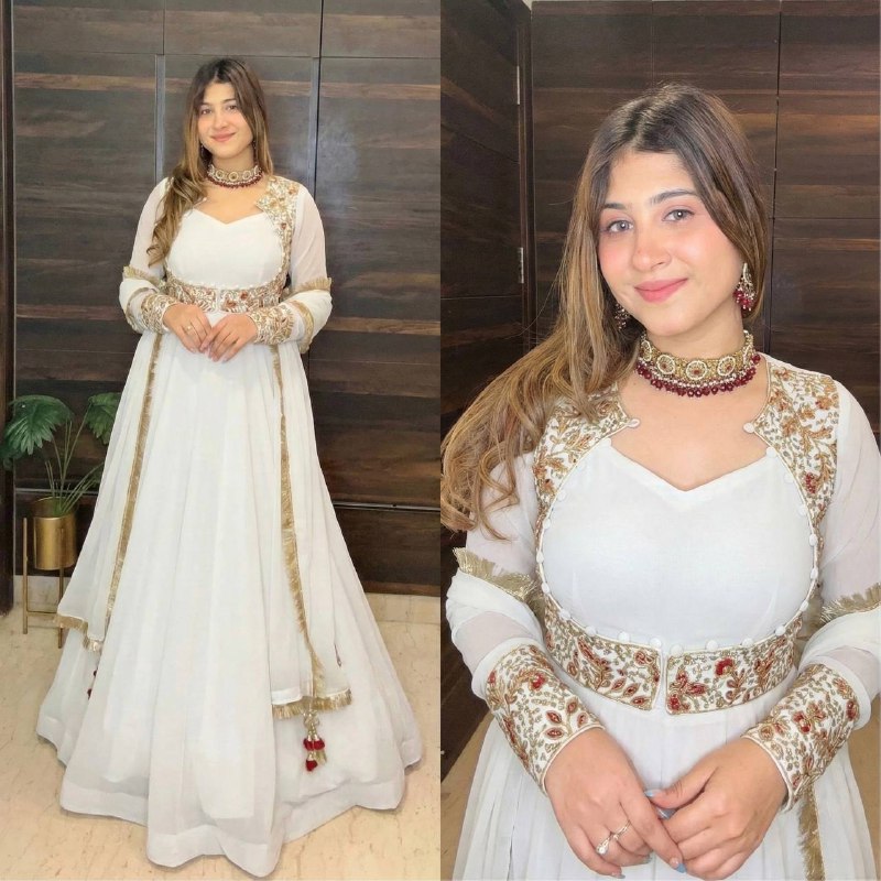 White festive Anarkali outfit with jacket for stylish traditional look
