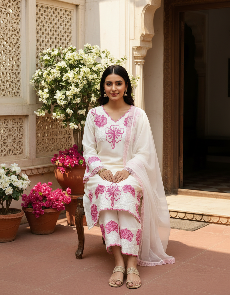White pink suit set back view for women elegant ethnic wear with dupatta