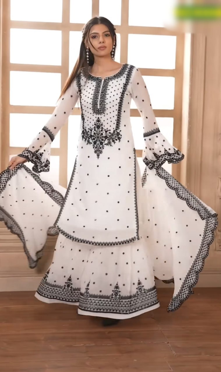Designer White Black Sharara Suit with Heavy Embroidery | Party Wear Sharara Set