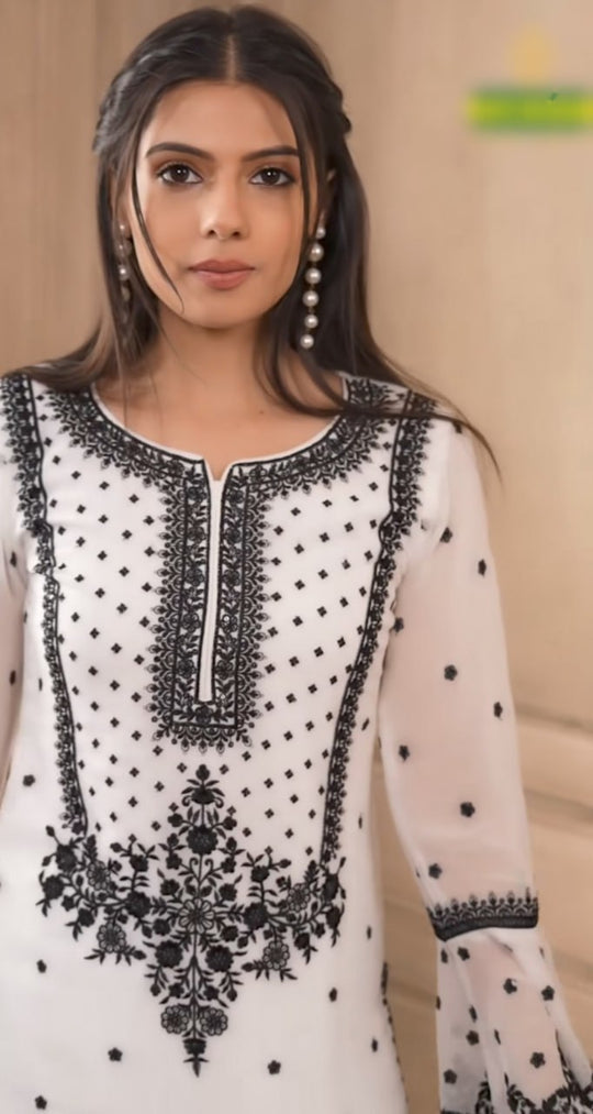 Designer White Black Sharara Suit with Heavy Embroidery | Party Wear Sharara Set