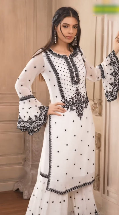 Designer White Black Sharara Suit with Heavy Embroidery | Party Wear Sharara Set