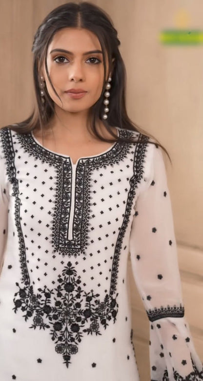 Designer White Black Sharara Suit with Heavy Embroidery | Party Wear Sharara Set