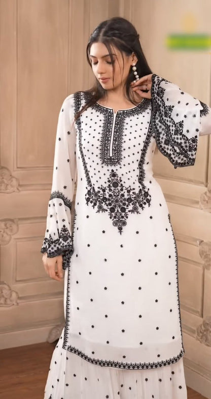 Designer White Black Sharara Suit with Heavy Embroidery | Party Wear Sharara Set