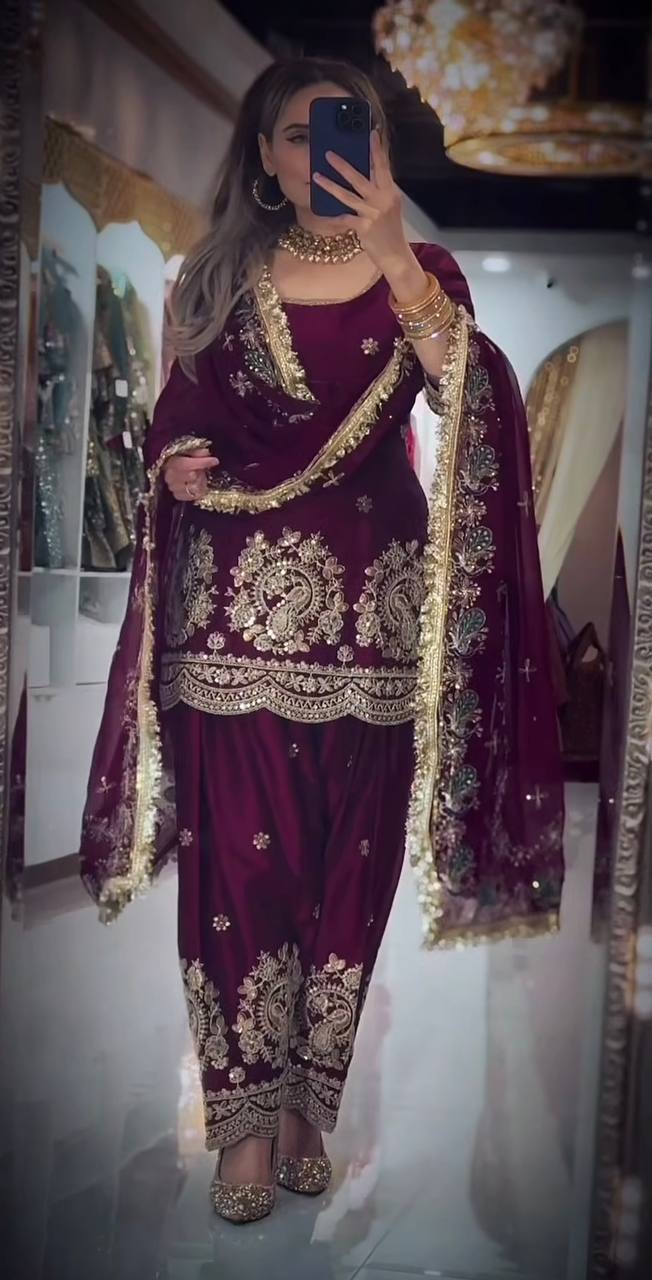 Elegant wine ethnic suit set with dupatta, designer party wear for women