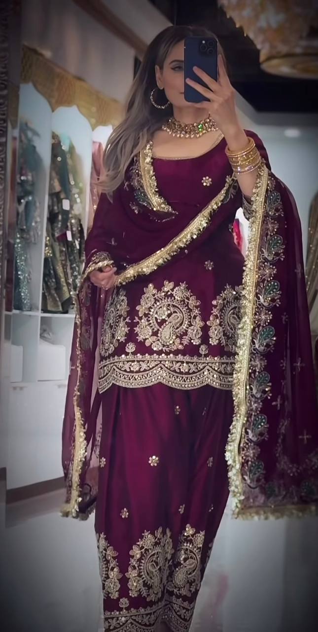 Wine color farshi salwar suit with heavy embroidery for wedding and festive occasions