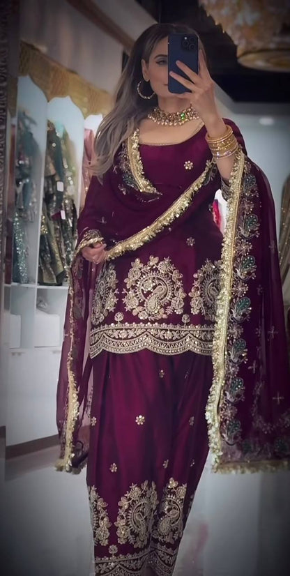 Wine color farshi salwar suit with heavy embroidery for wedding and festive occasions