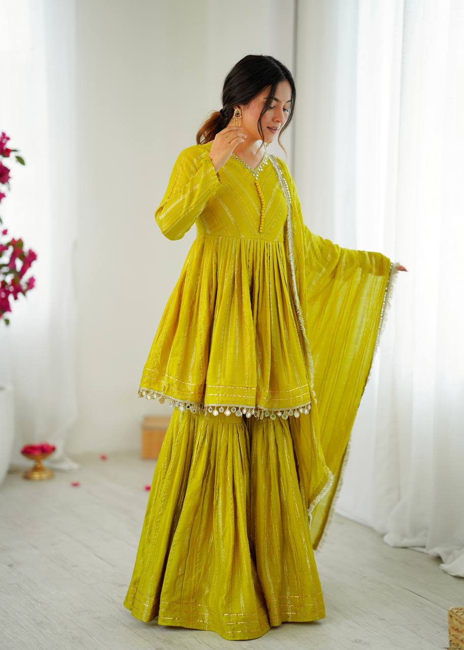 Yellow and golden sharara suit for women front view with dupatta, elegant festive and wedding ethnic wear