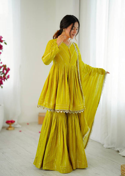 Yellow and golden sharara suit for women front view with dupatta, elegant festive and wedding ethnic wear