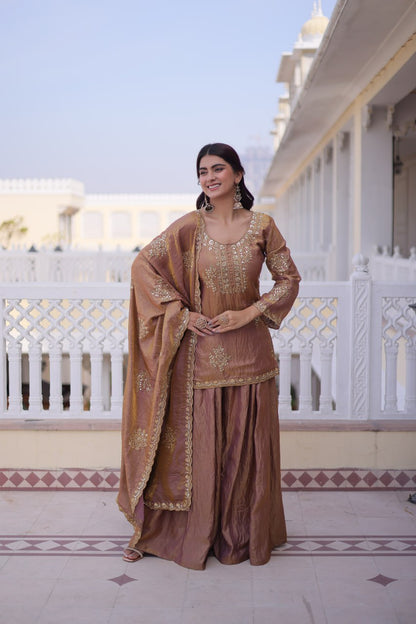 Zari sequins embroidered kurti sharara suit close work view